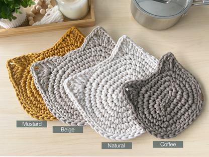 Crochet Cat Hot Pad - Thick Cotton Trivet & Heat Resistant Pot Holder (2 sizes Options)