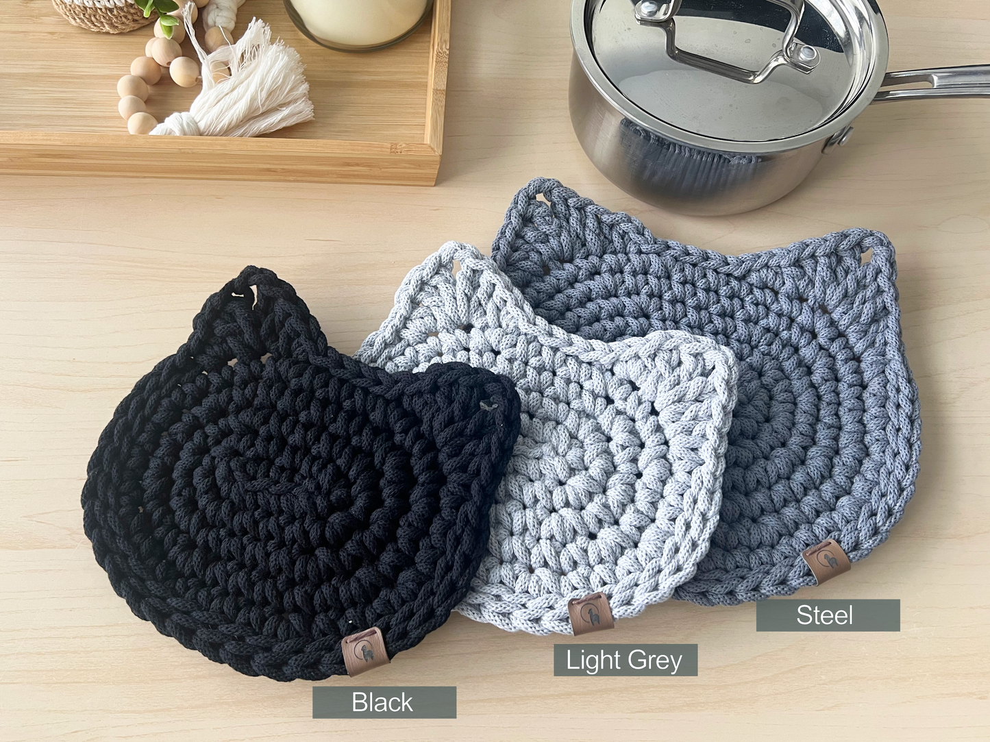 Crochet Cat Hot Pad - Thick Cotton Trivet & Heat Resistant Pot Holder (2 sizes Options)