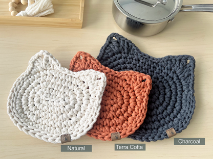 Crochet Cat Hot Pad - Thick Cotton Trivet & Heat Resistant Pot Holder (2 sizes Options)
