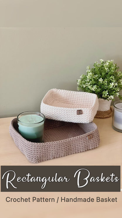 Rectangular Crochet Basket (Large or Small) - Cotton Storage Tray for Shelves & Desks