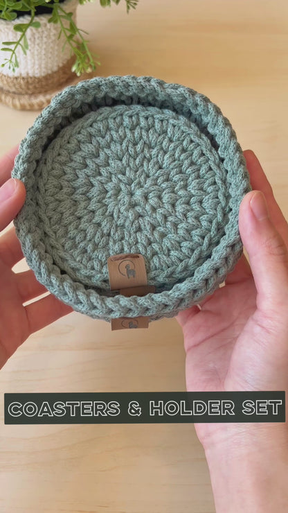 Hand-crocheted Coasters & Holder - Set of 4, 6, or 8