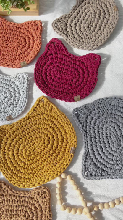 Crochet Cat Hot Pad - Thick Cotton Trivet & Heat Resistant Pot Holder (2 sizes Options)
