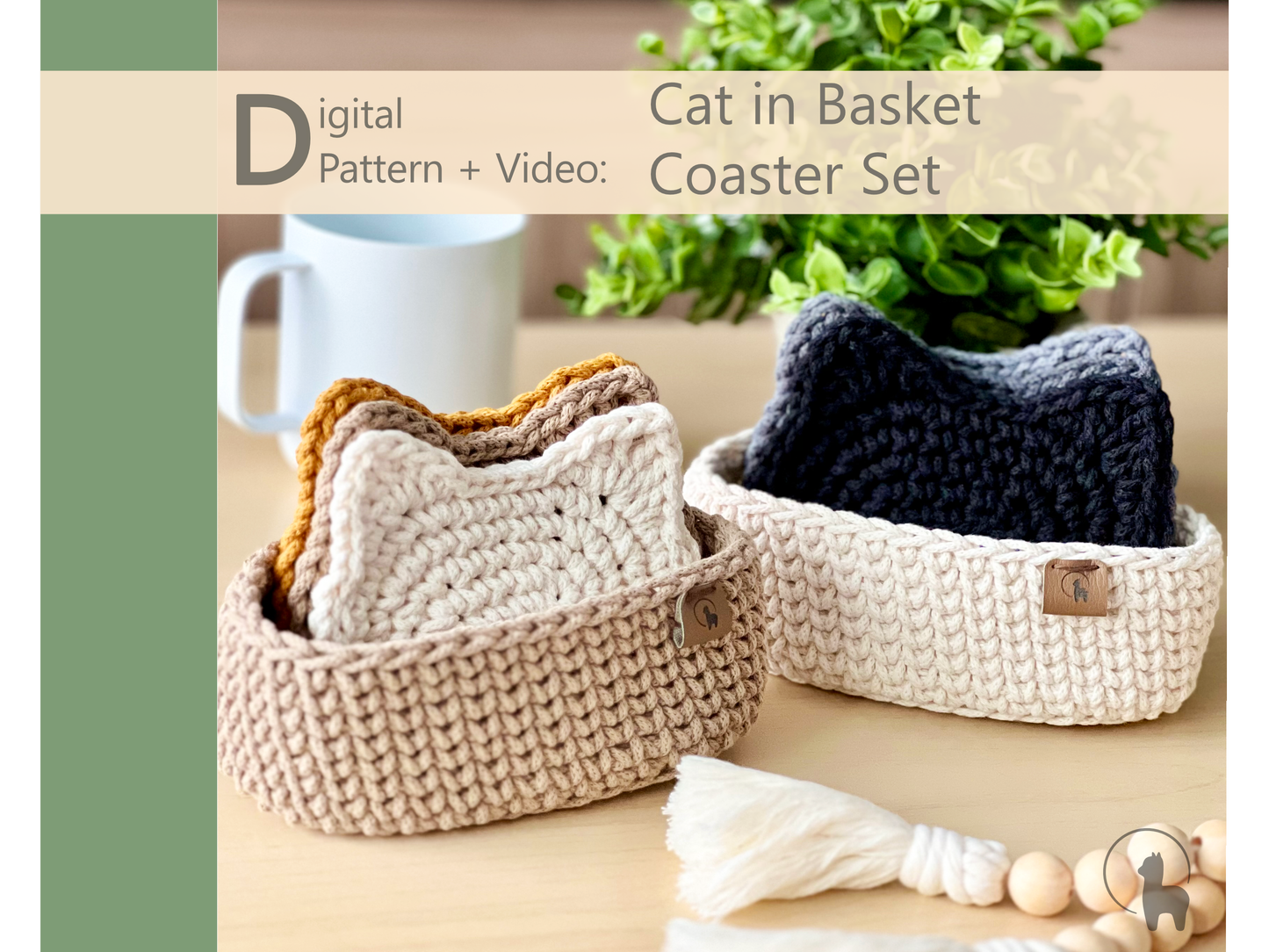 Cat in Basket Coaster Set Crochet Pattern + Video Tutorial - Instant Download PDF