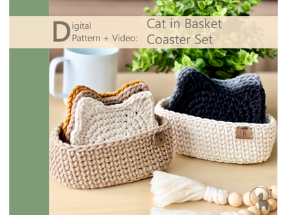 Cat in Basket Coaster Set Crochet Pattern + Video Tutorial - Instant Download PDF
