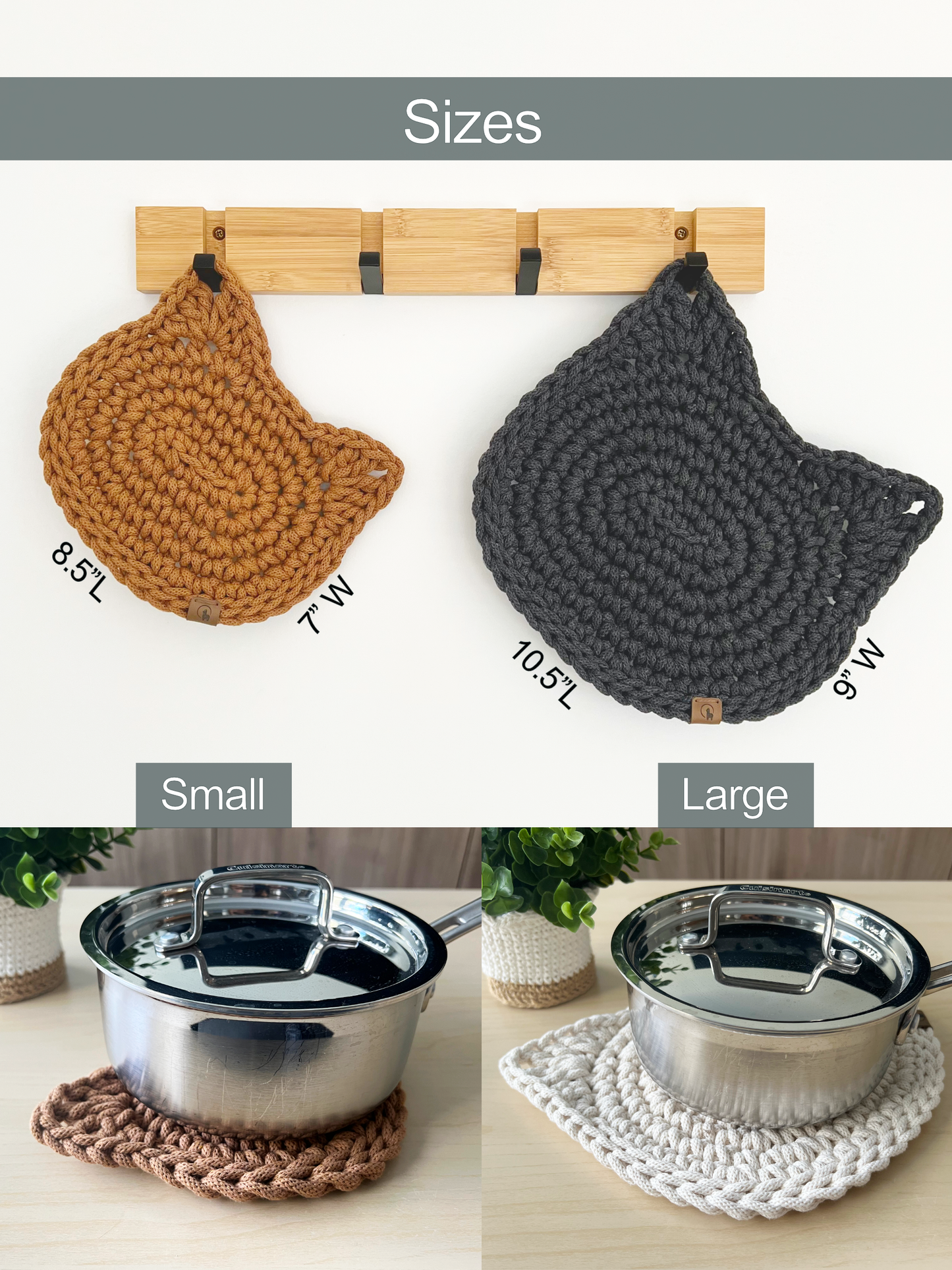 Crochet Cat Hot Pad - Thick Cotton Trivet & Heat Resistant Pot Holder (2 sizes Options)