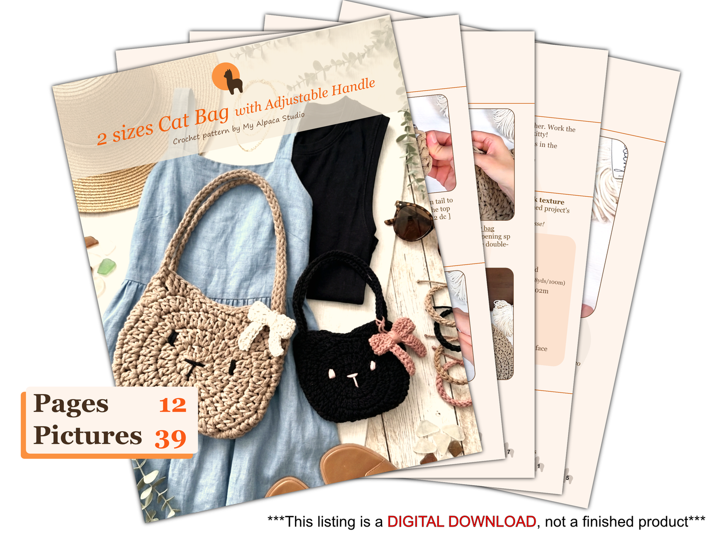 2 Sizes Cat Bag Crochet Pattern with Adjustable Handle (Digital Download & Video Tutorial)